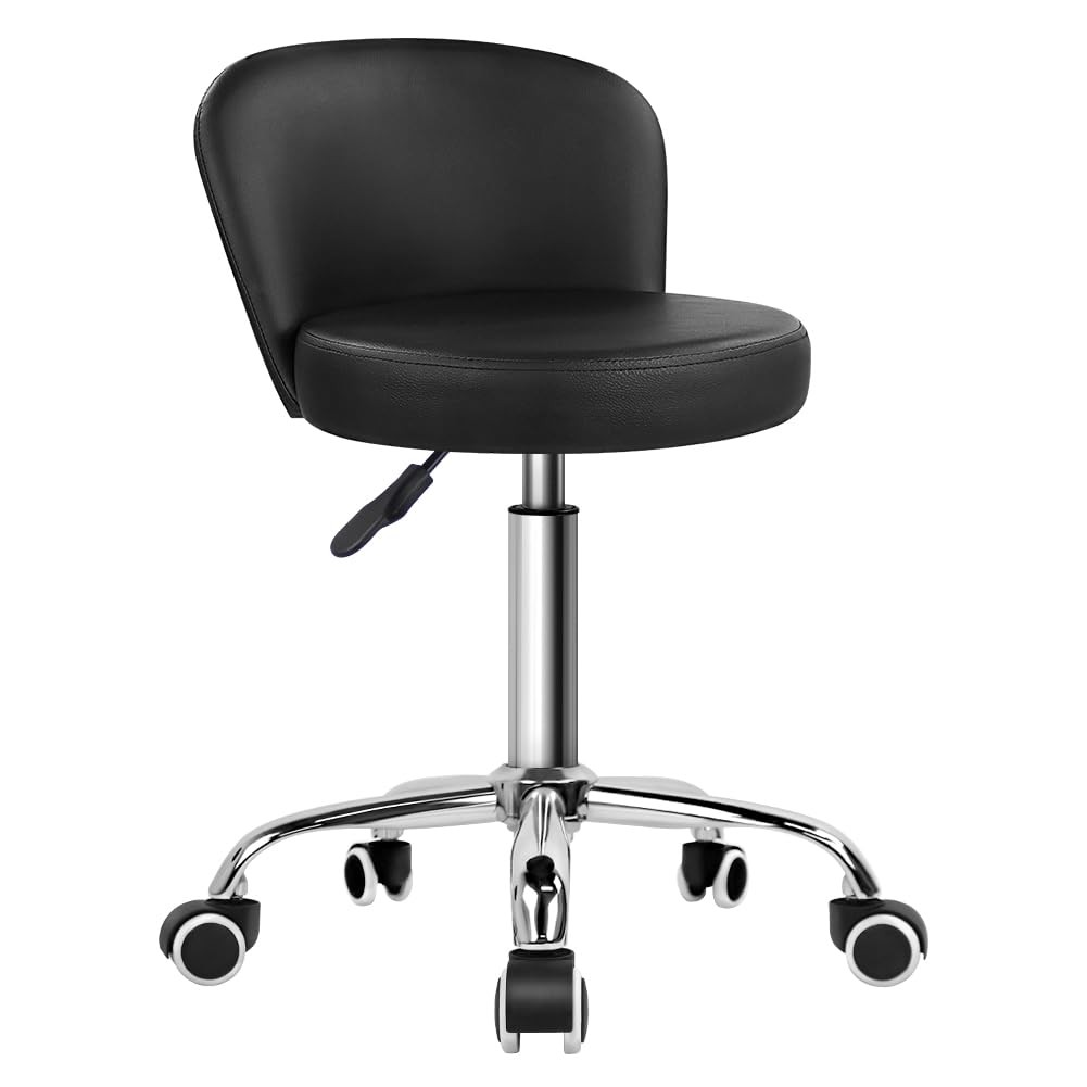 Rolling Vanity Chair with Backrest Height Adjustable Office Chair PU Leather ...