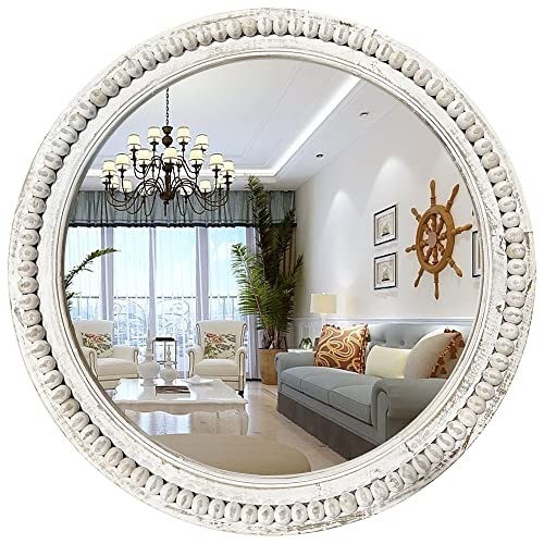 dwellington Rustic Round Wall 24 Inch Wood Circle Mirror with Beads, White