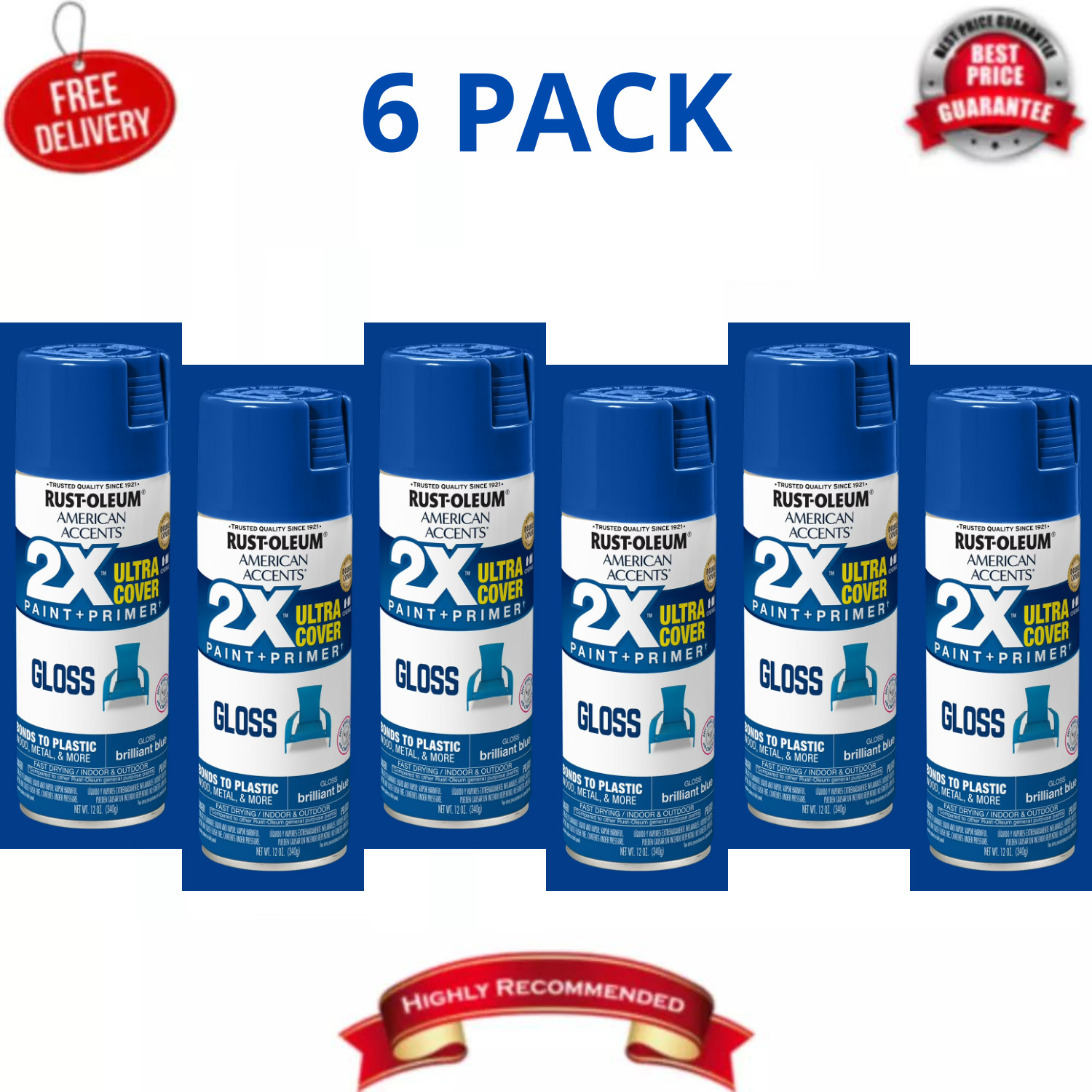 Rust-Oleum Brilliant Blue 2X Ultra Cover Gloss Spray Paint 12oz, 6 Pack