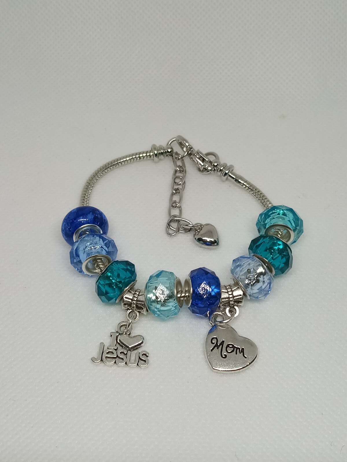 European Style Blue I Love Jesus/ Mom Adjustable Charm Bracelet 6.5 -9 Inches