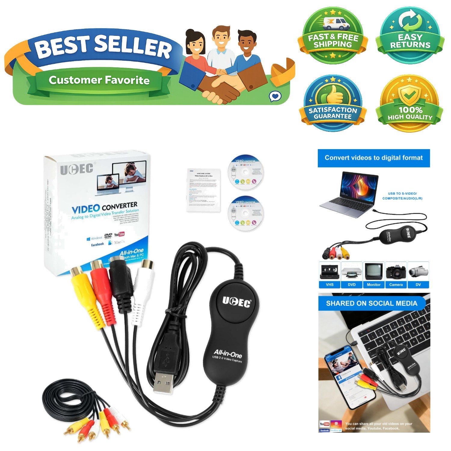 30fps VHS to Digital Conversion Kit with RCA Cable & User Guide for PC/Mac
