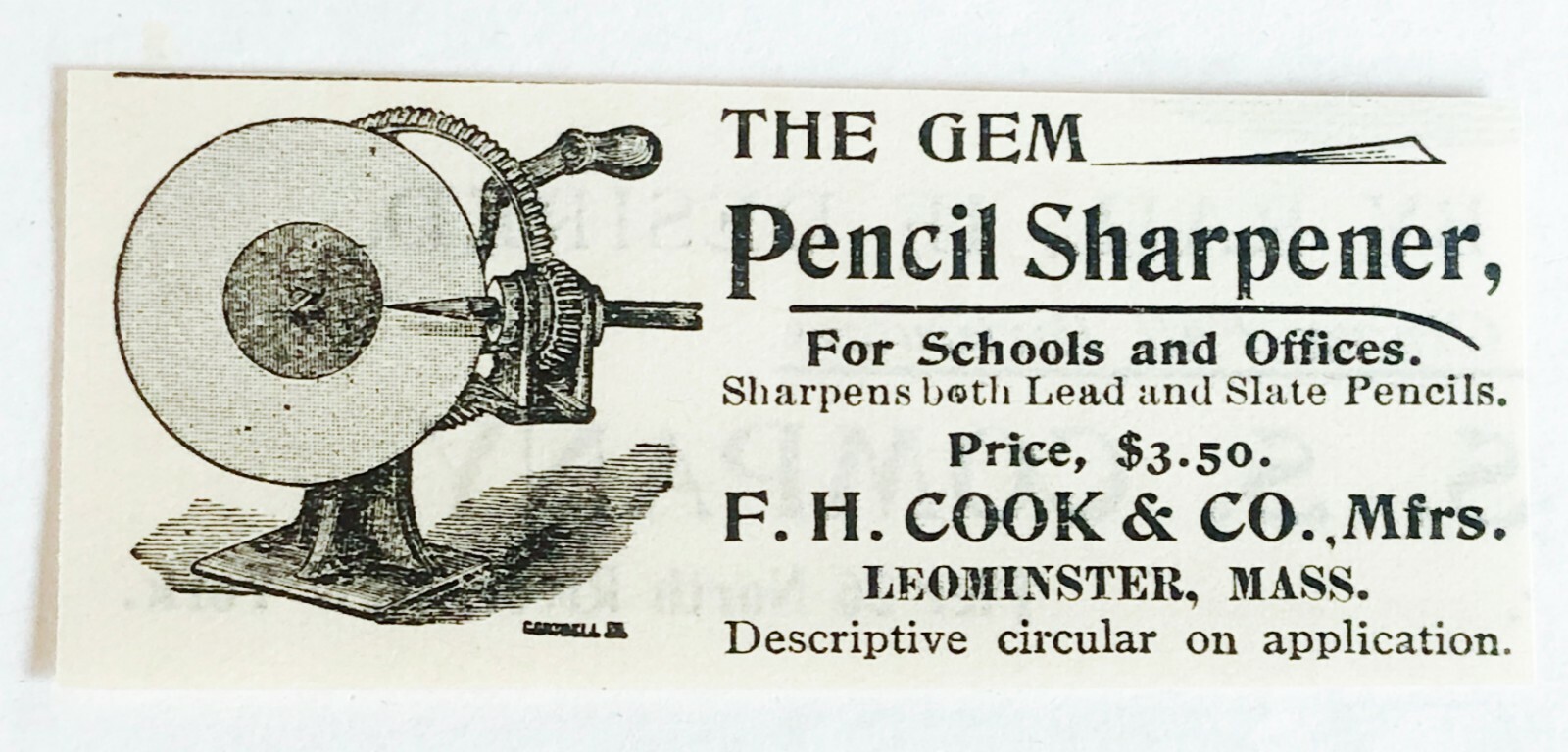 GEM PENCIL SHARPENER School/Office F.H.Cook Co.Leominster,Mass Vtg 1895 Print Ad