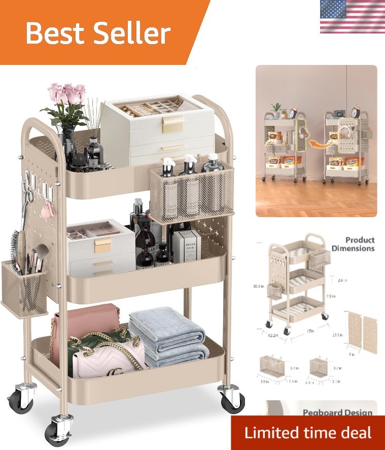 Multi-Purpose Rolling Cart with 3 Shelves, Pegboards, & Lockable Wheels in Khaki