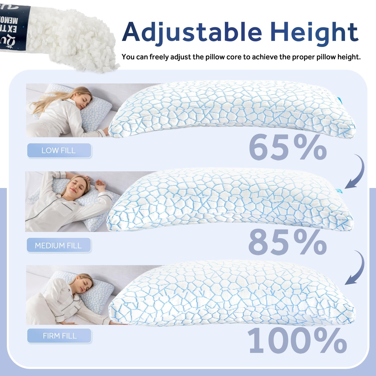 Cooling Side Sleeper Pillow for Neck and Shoulder Pain Relief, Adjustable Cur.
