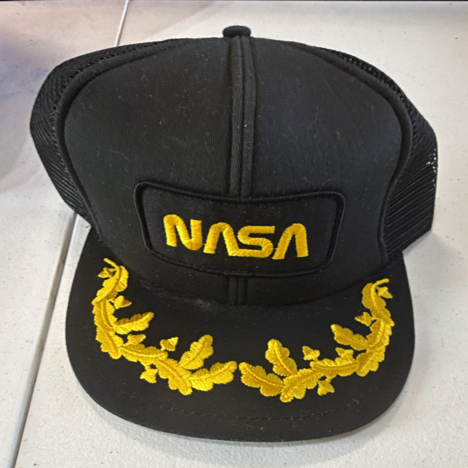 NASA Black Mesh Trucker Snapback Hat Cap, Yellow Embroidered Logo, Laurel Brim