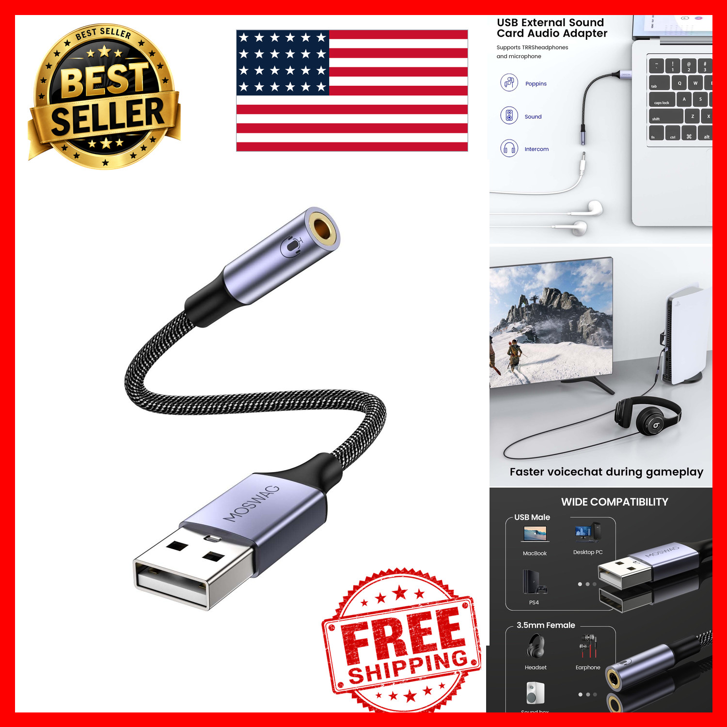 USB to 3.5mm Audio Adapter External Sound Card TRRS Mic PC Laptop PS4 PS5 DAC