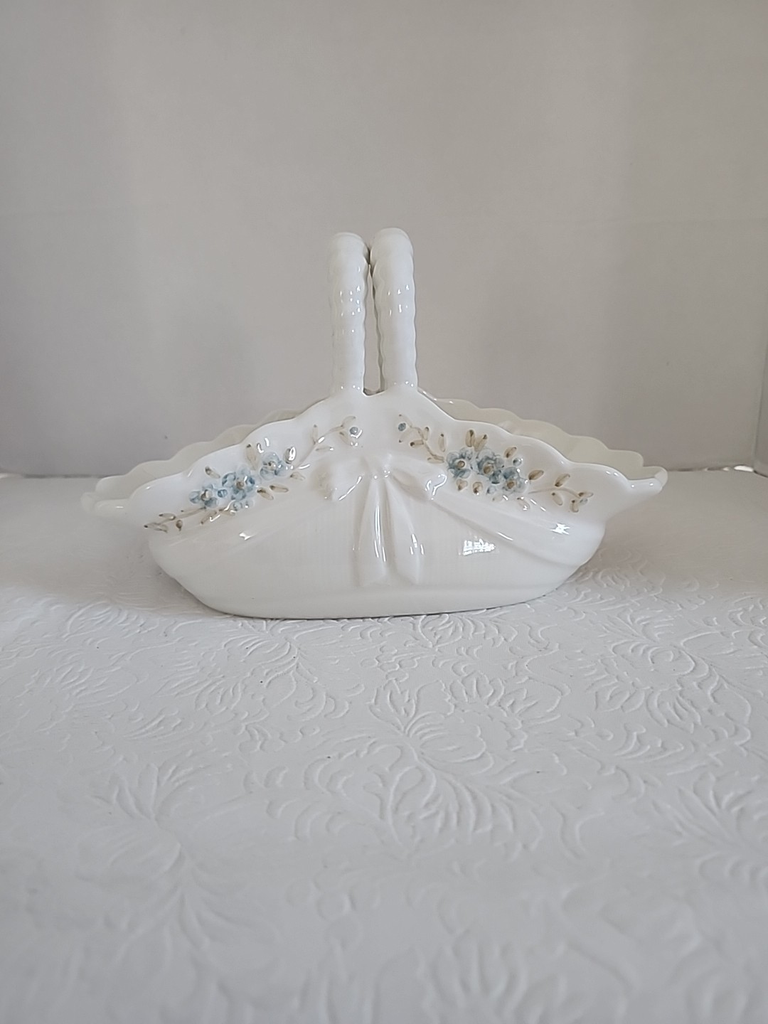 Hispanic Blue Floral Basket White Porcelain 1984 Made In Spain 8" X 5"