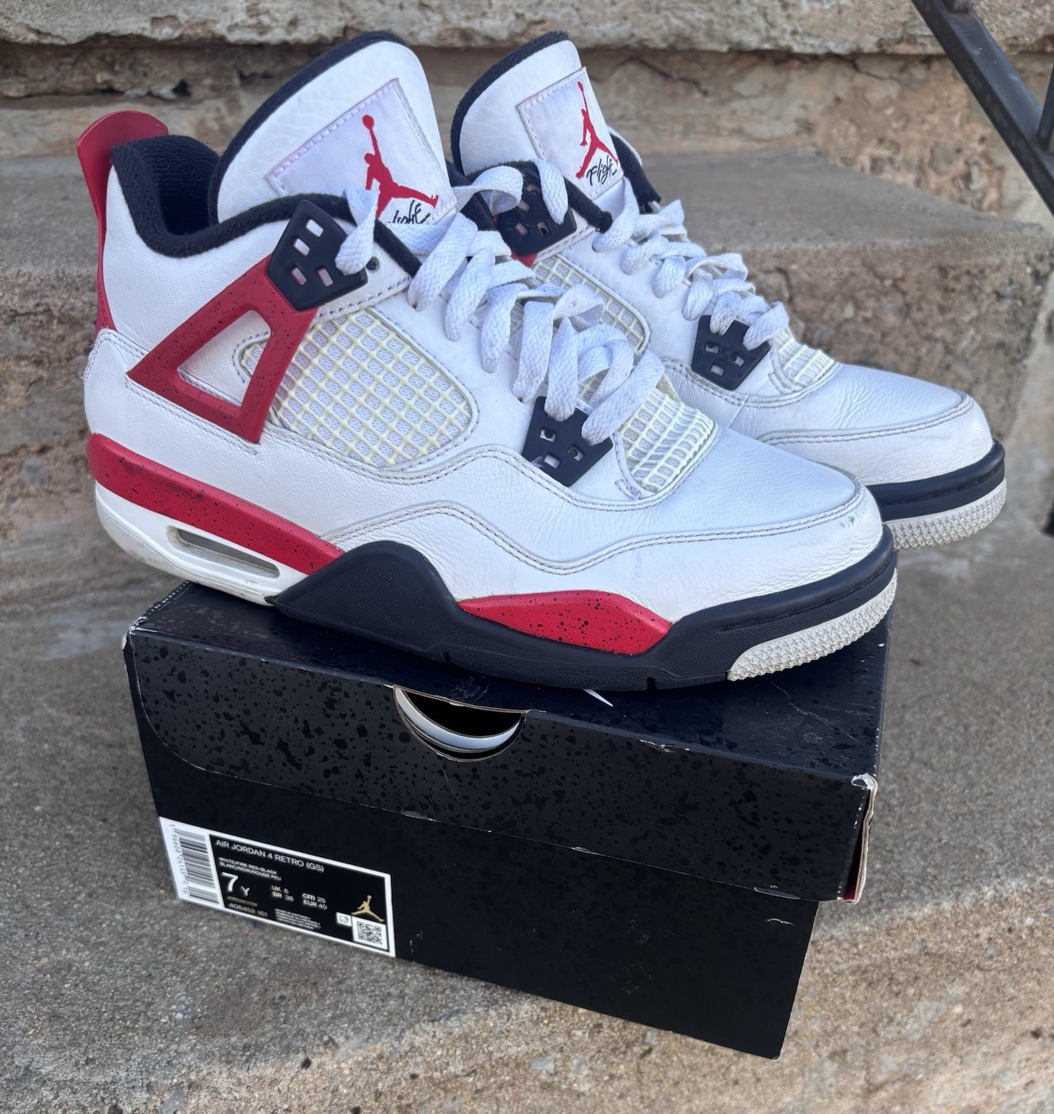 Nike Air Jordan 4 Retro (GS) Size 7Y Red Cement White 408452-161 MISSING INSOLES