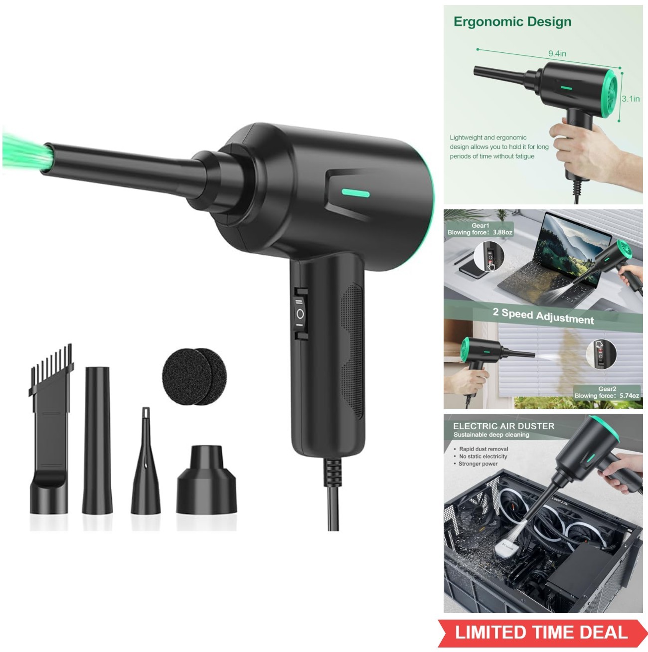 Electric Air Duster 500W 2 Speed 100000-200000RPM Corded Cleaning Blower with