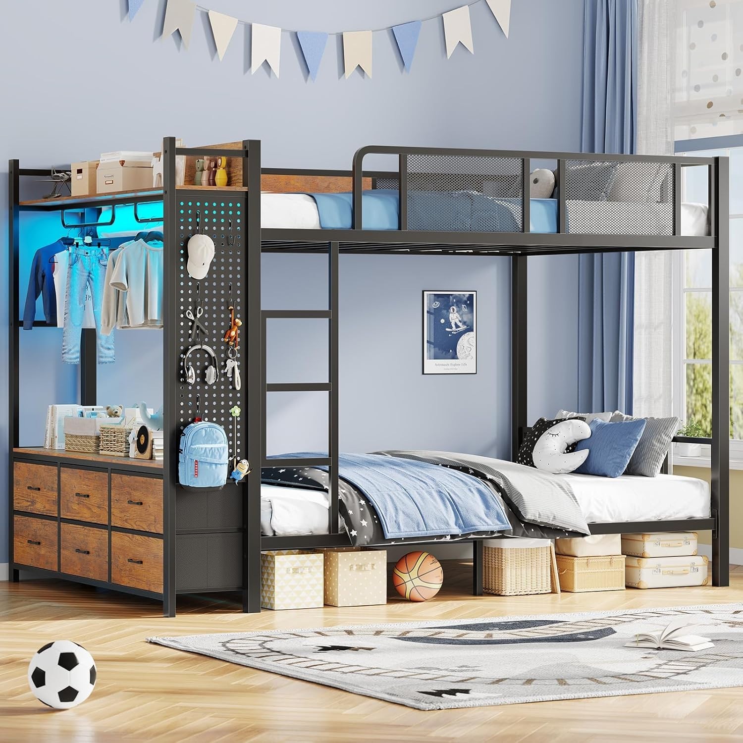 Metal Bunk Bed Full Over Full with Hall Tree, LED Bunk Bed w/6 Storage Drawers