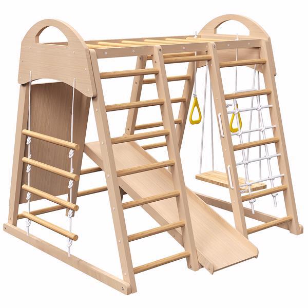 Wooden Indoor Playground 7-in-1 Jungle Gym Playset Climb Set for Kids 2-6yrs US