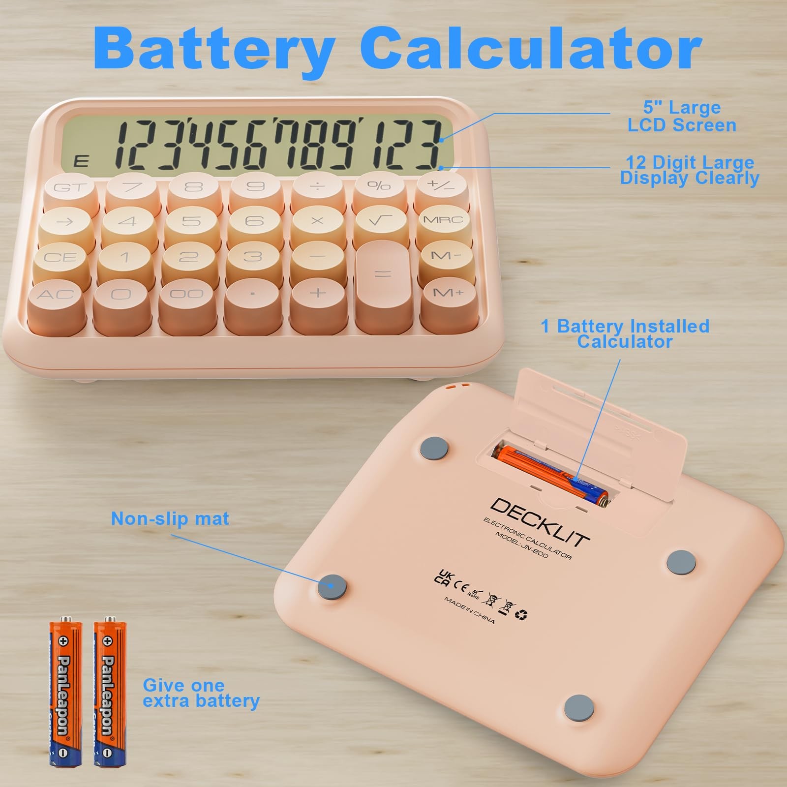 Mechanical Calculator 12 Digit Extra Large 5-Inch LCD Display, DECKLIT Battery D