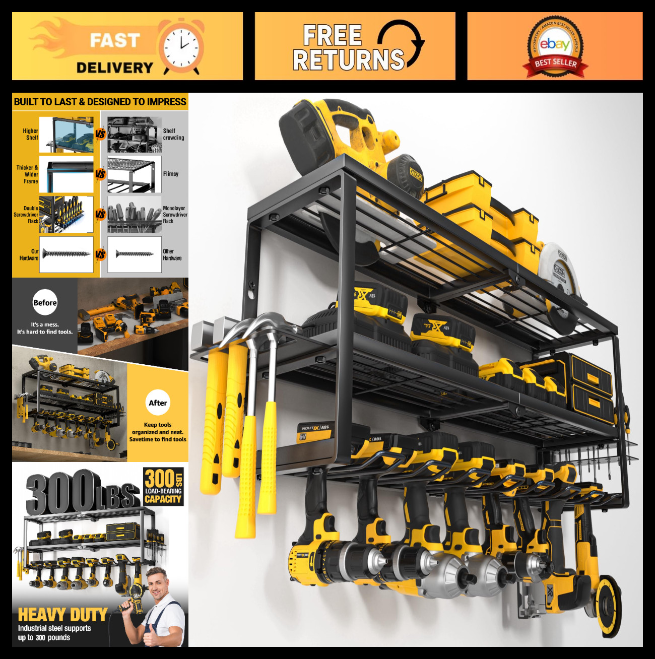 Heavy Duty Wall Mount Tool Organizer for Cordless Drills & Battery Storage Rack