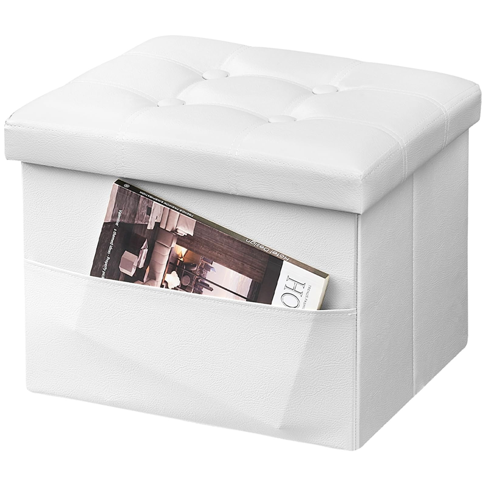 Storage Ottoman Folding Foot Rest Stool with Side Pocket, 17 inch Leather Foo...