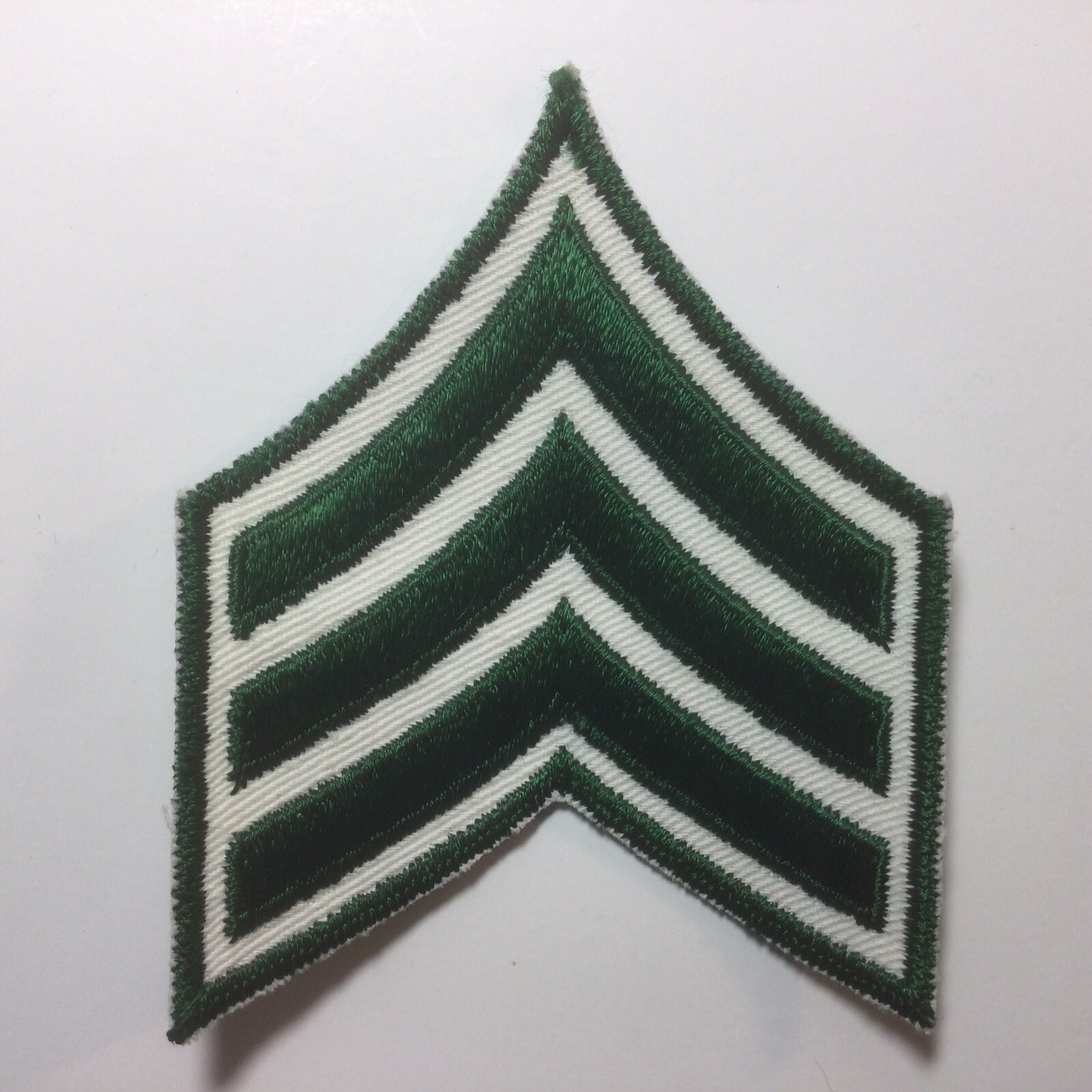 (2) Sergeant Chevron - 3 FOREST GREEN Stripes on White Twill Patch -Green Border