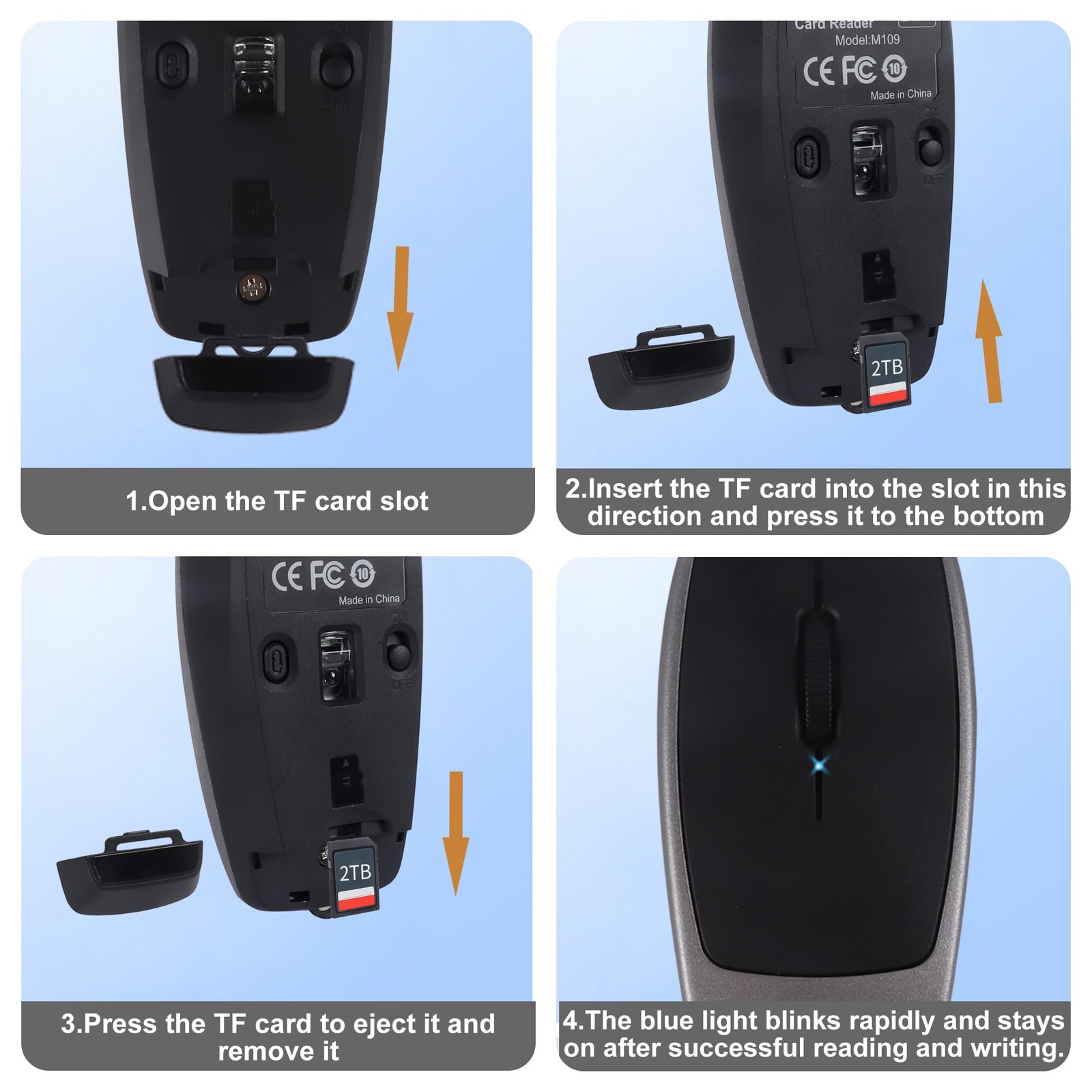 Bluetooth Mouse Rechargeable Portable Mini Computer Mice TF Card Reader Grey