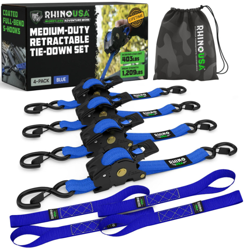 RHINO USA - Retractable Ratchet Straps 2Pk 1In X 10Ft (Blue) | TD-RSRE1X10-2BLU