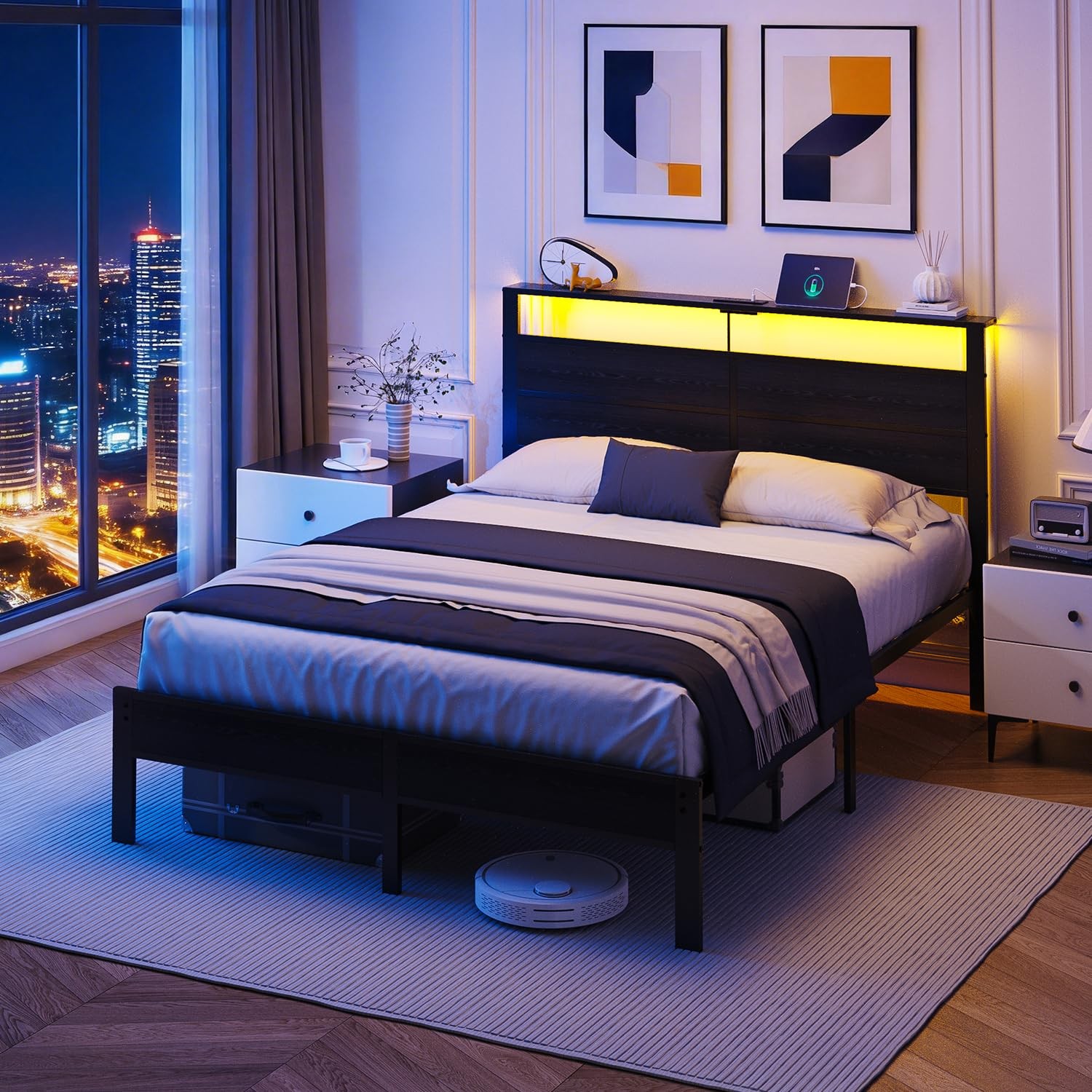 Queen Size Bed Frame with LED Lights, USB Type C Charging Headboard, Black Me...