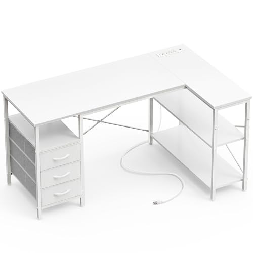 L-Shaped Office Desk with Power Outlets, 3 Drawers, 47 Inch, White Gaming &