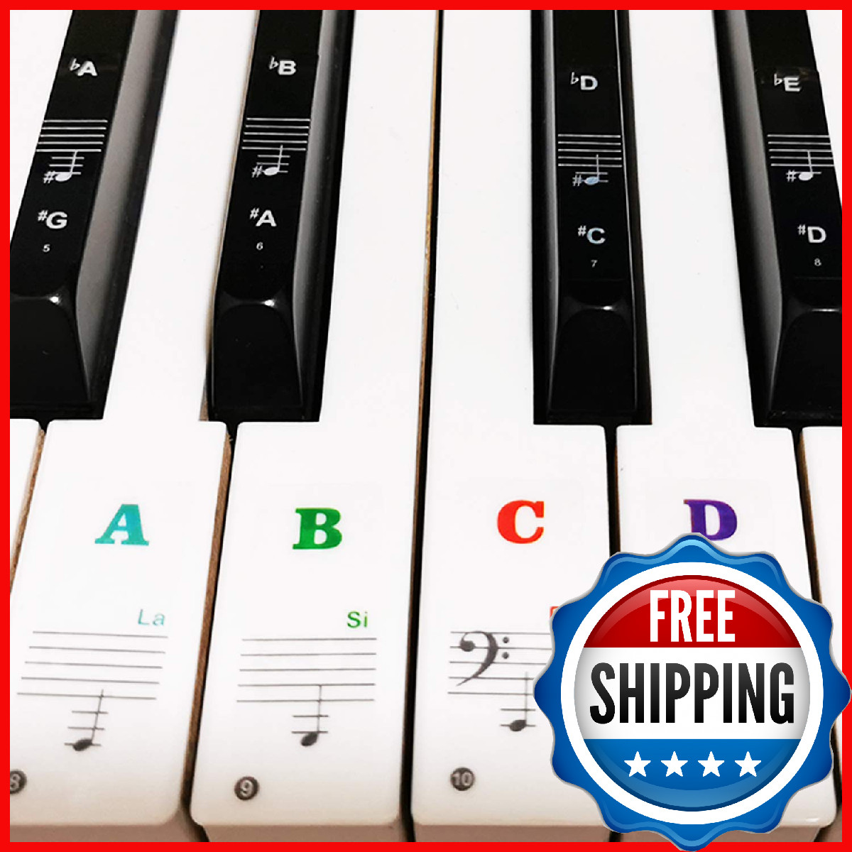 Piano Keyboard Stickers for 37-88 Key Pianos - Large, Removable, Multicolor Note