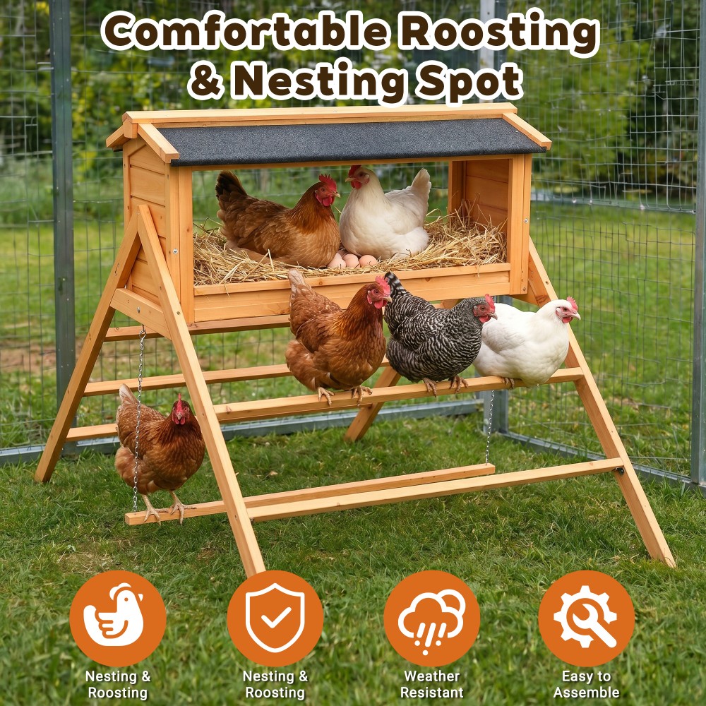 Chicken Nesting Box with Asphalt Roofing, Chicken Perch for Coop, Nesting Boxes
