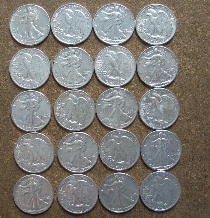 ROLL WALKING LIBERTY SILVER HALVES (MIXED DATES) AU/BETTER (14 ROLLS AVAILABLE)
