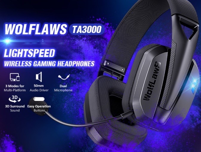 WOLF LAWS TA3000 2.4GHz/Bluetooth Wireless Gaming Headset Black, Detachable Mic