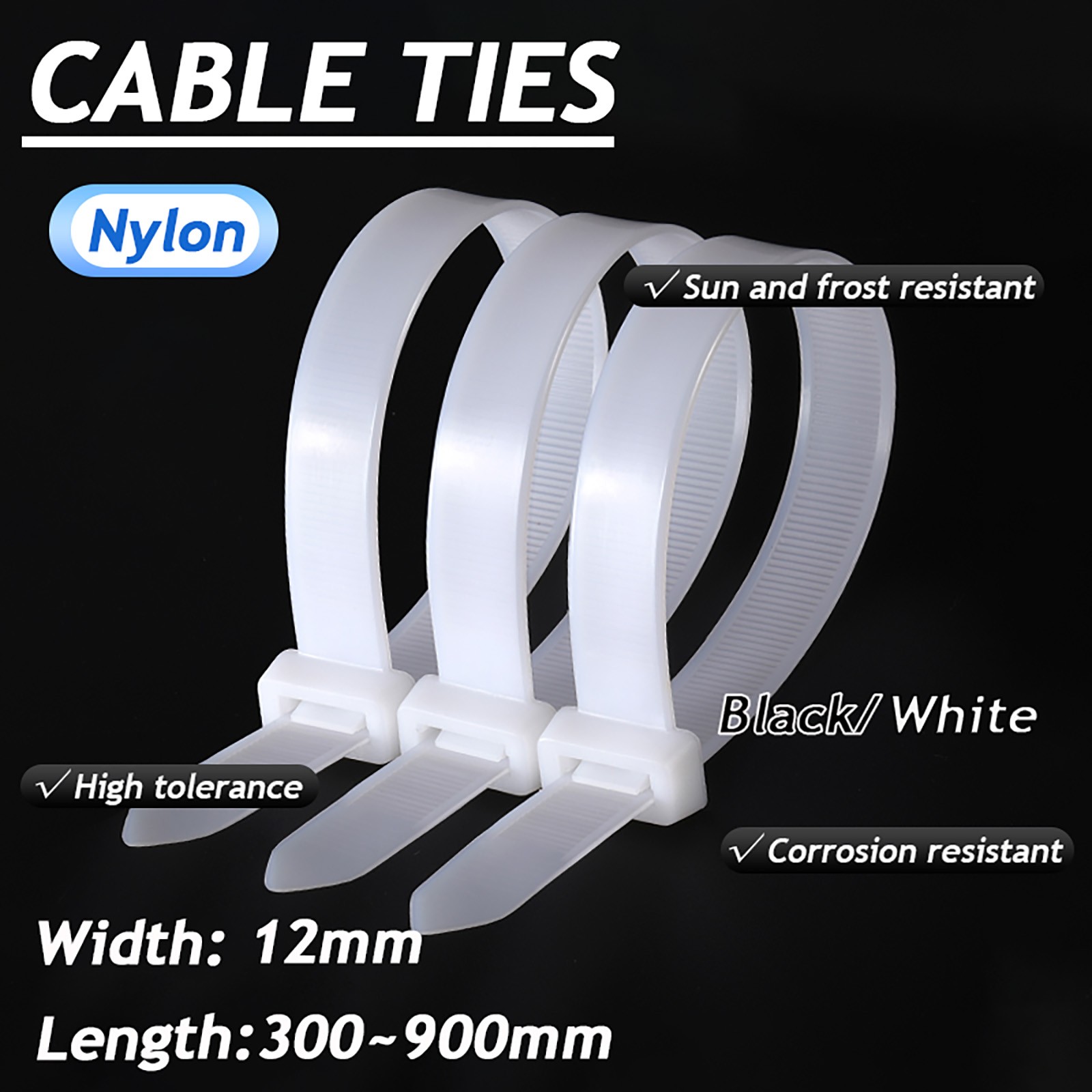 Extra Strong Cable Ties Nylon Zip Wraps Heavy Duty Cable Tie Black/White