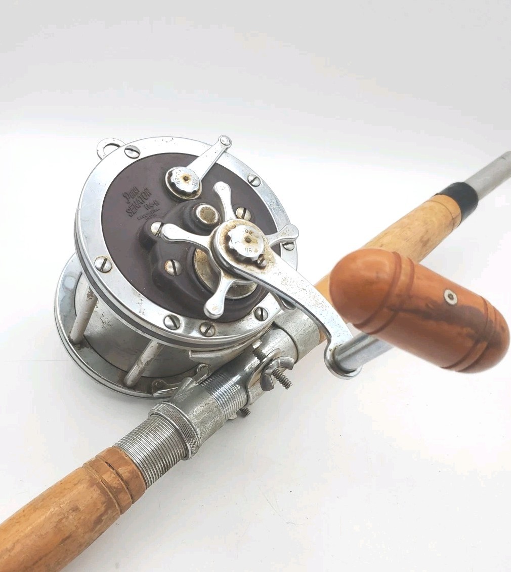 VTG PENN SENATOR 114H 6/0 TROLLING FISHING REEL With Half Wood Rod