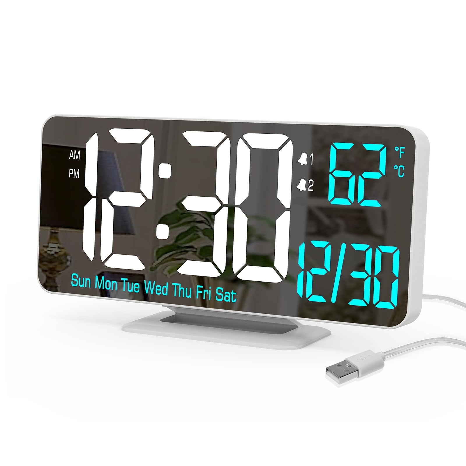KOSUMOSU LED Digital Clock 6.7in Alarm Dimmable Temp Date Bedside White
