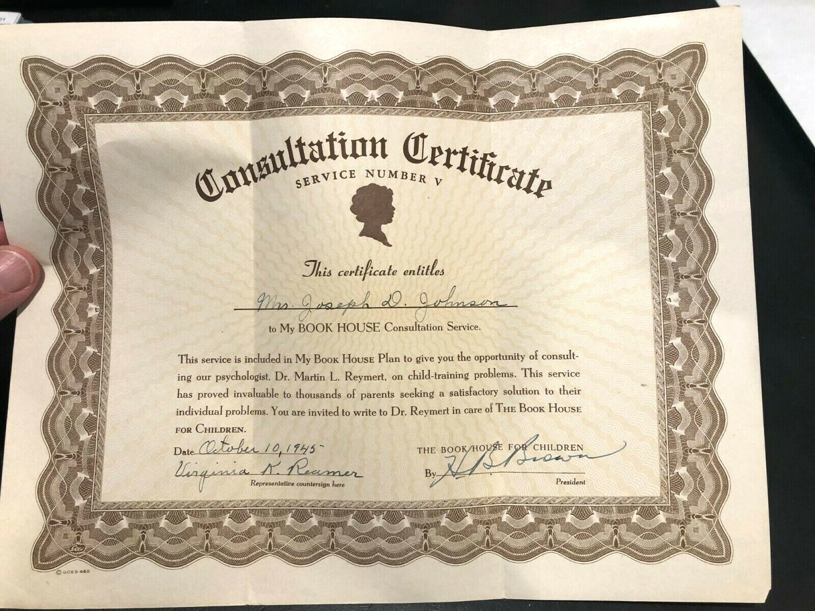 The Book House for Children. 1945 Consultation Cert. w/ Dr. Martin L. Reymert