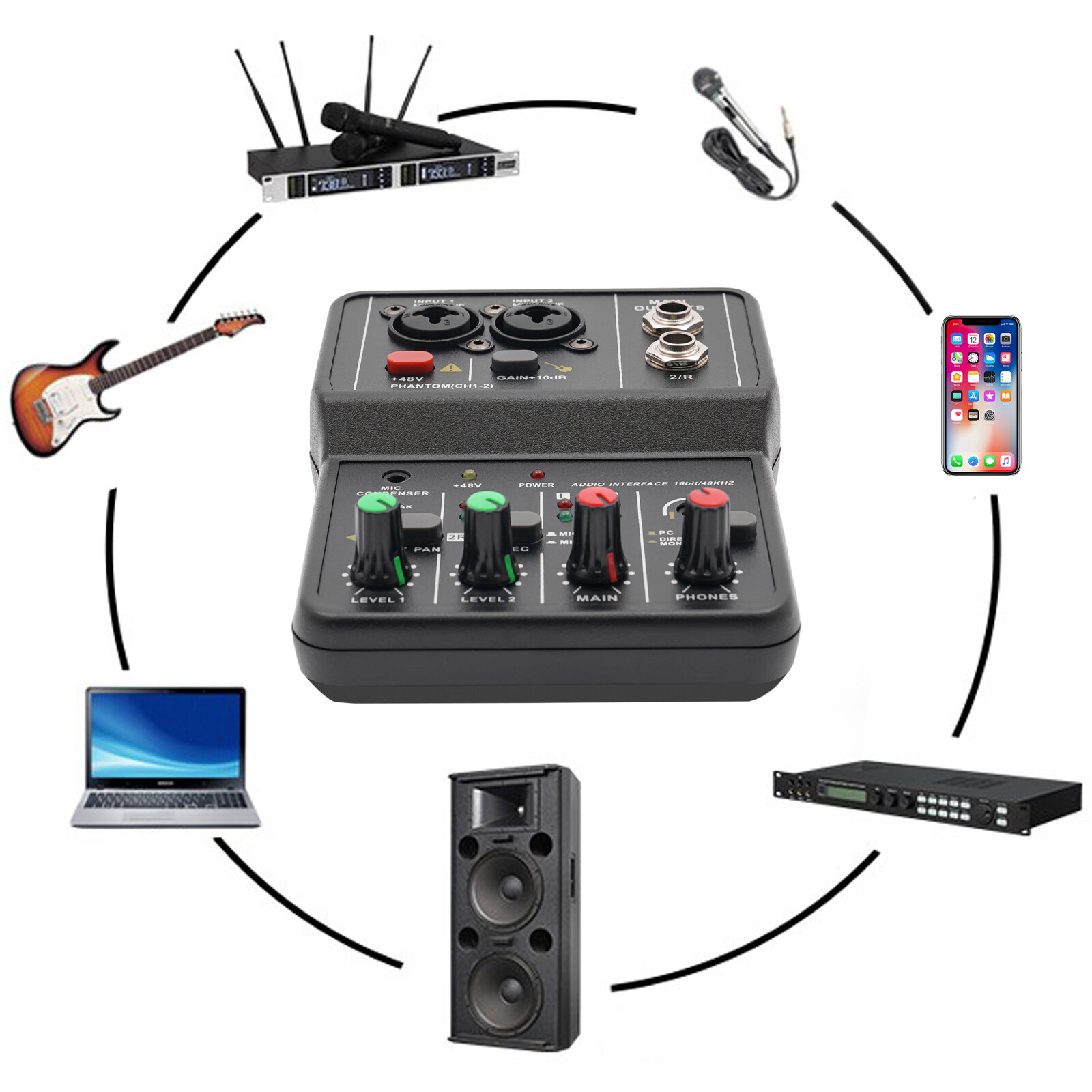 2 Channel Mixing Console Live Studio Audio DJ Mixer Sound Board USB Interface