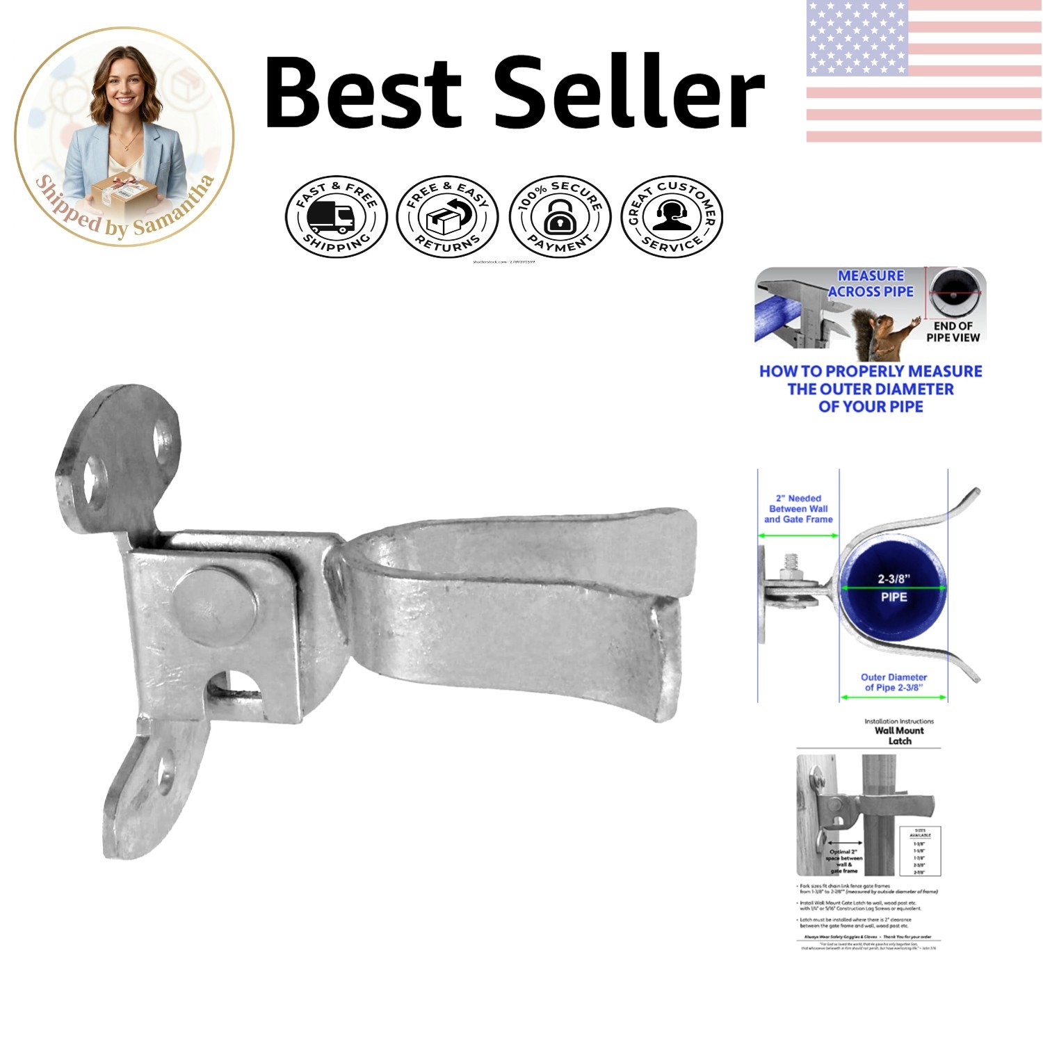 Wall Mount Flat Back Fork Gate Latch for 2-3/8" Frames - Rust-Resistant