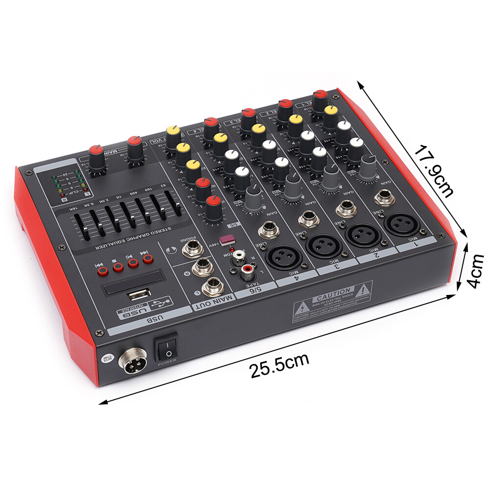 6 Channel Mixing Console Sound Live Studio Audio Mixer USB Bluetooth