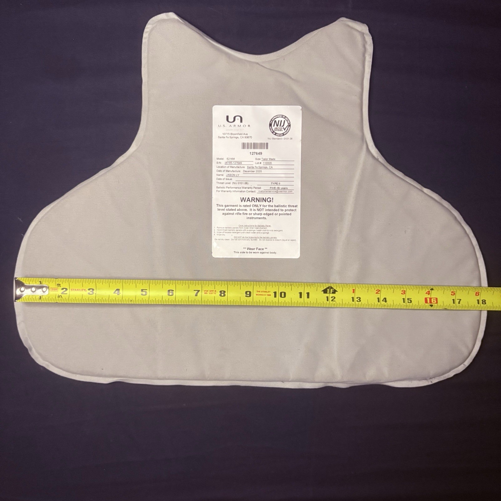 US Armor Bullet Proof Concealable Vest Level 2 (II) -Size SMALL- 2020