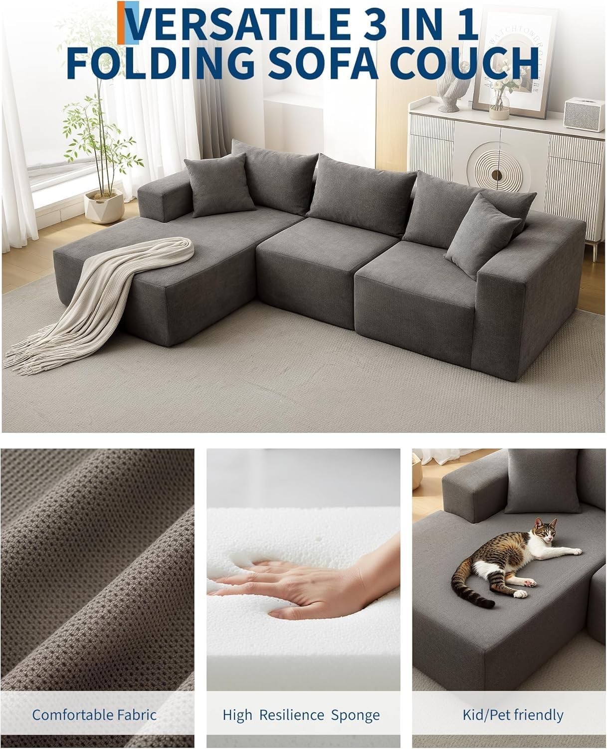 108" Modern L-Shaped Sectional Sofa Couch, Modular Cloud Sofa with Chaise Left
