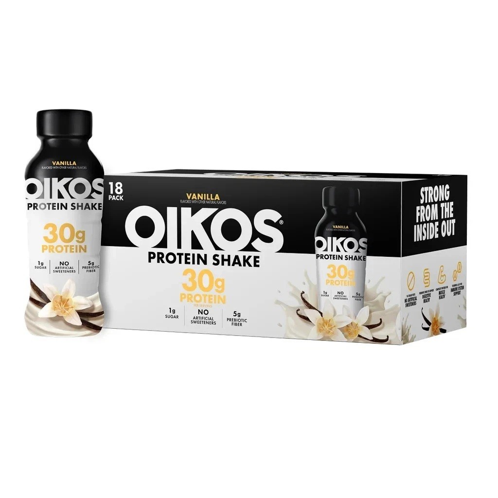 Oikos Vanilla 30g Protein Shake, 12 fl oz (18 Pack) - High Protein Free Shipping