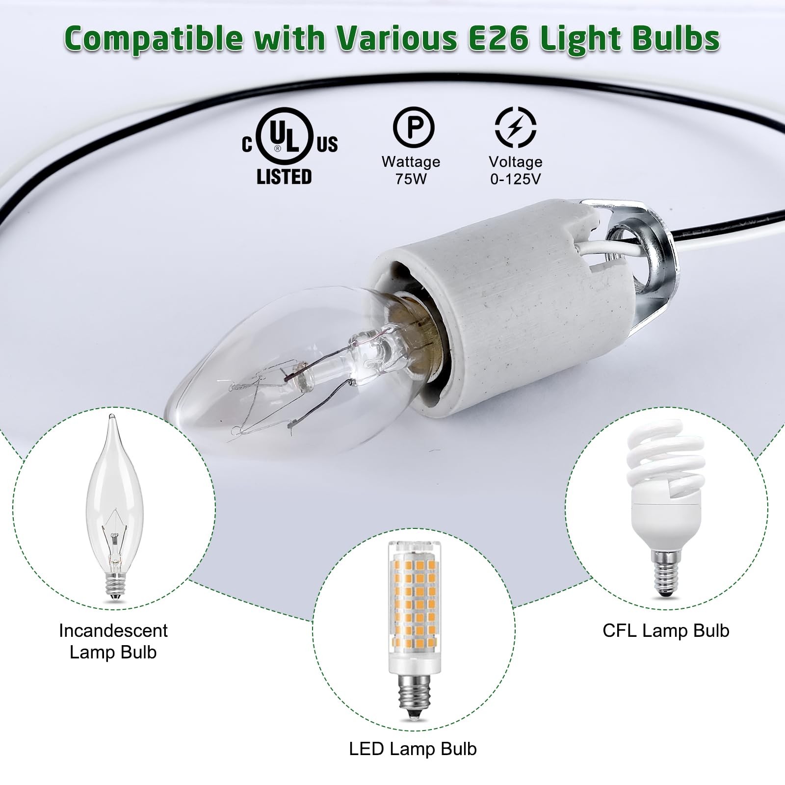 E12 Socket,Ceramic Candelabra Socket E12 Bulb Lamp Holder,Light Socket with W...