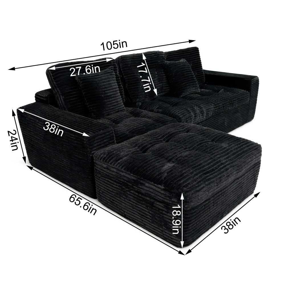 Modular Cloud Sectional Sofa 105" w/ Ottoman, All-Foam, Faux Fur, Black