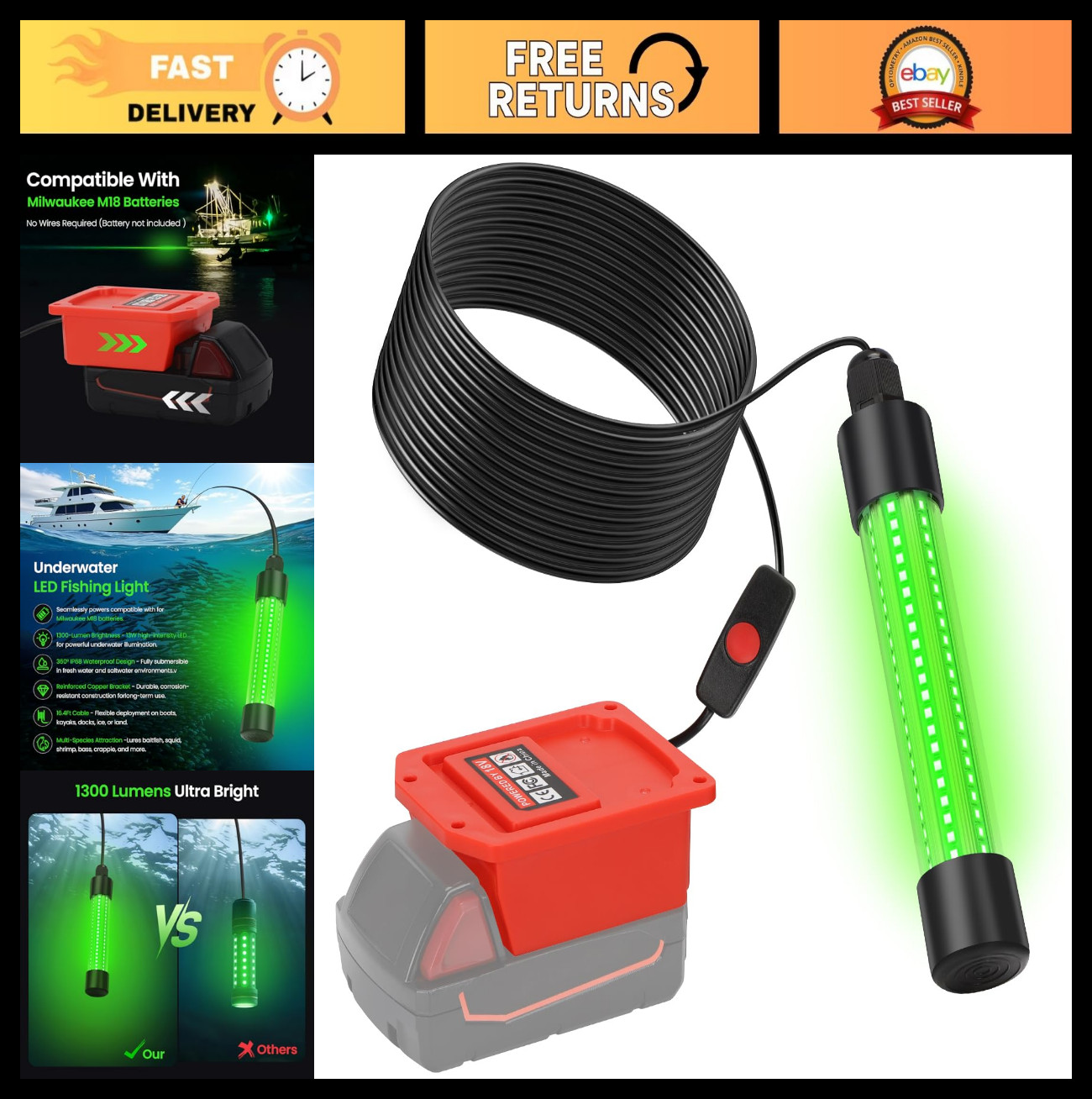 Underwater Green Fishing Light 13W 1300 Lumens IP68 Submersible Night Attractant