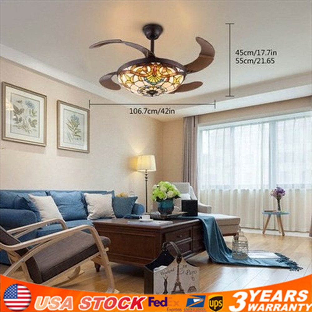 Ceiling Fan Light Stained Glass Shade LED Retractable Lamp Chandelier