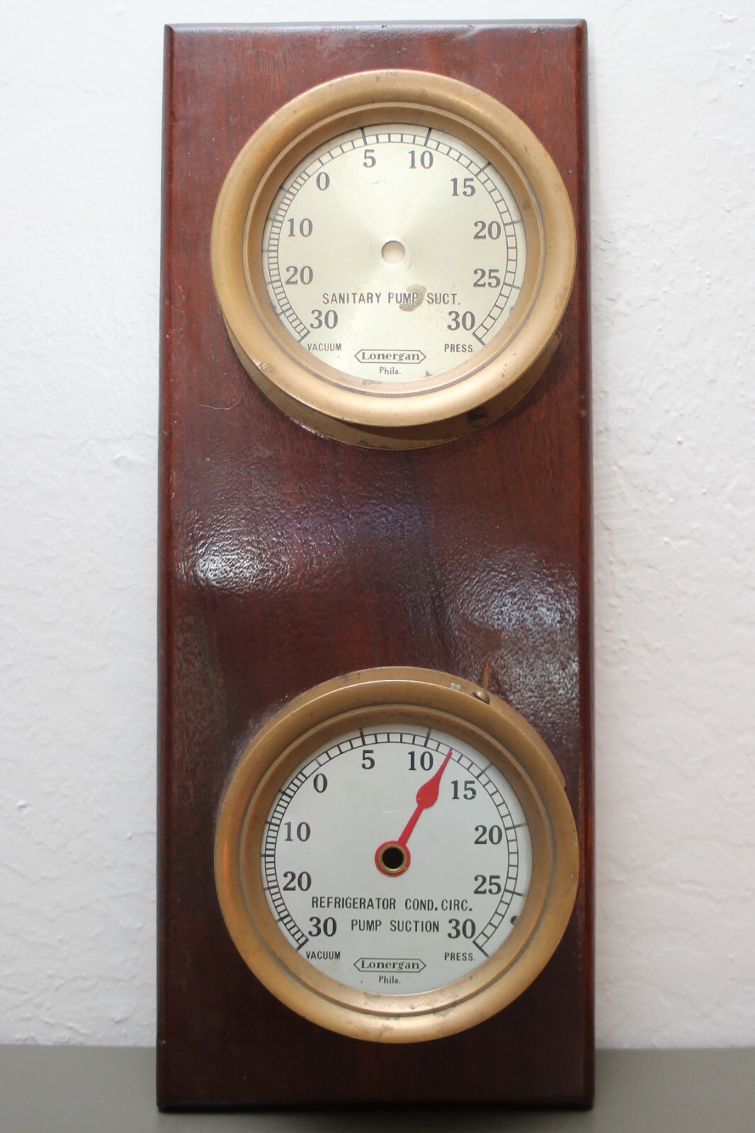 Vintage Brass Lonergan Vacuum Pressure Two Gauge Display