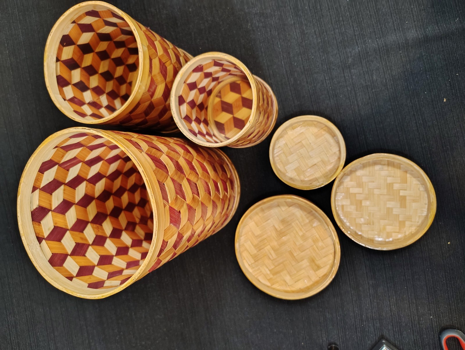 VTG, Woven Bamboo, Nesting Containers W/ Lids, Geometric, Baskets, Storage, Art
