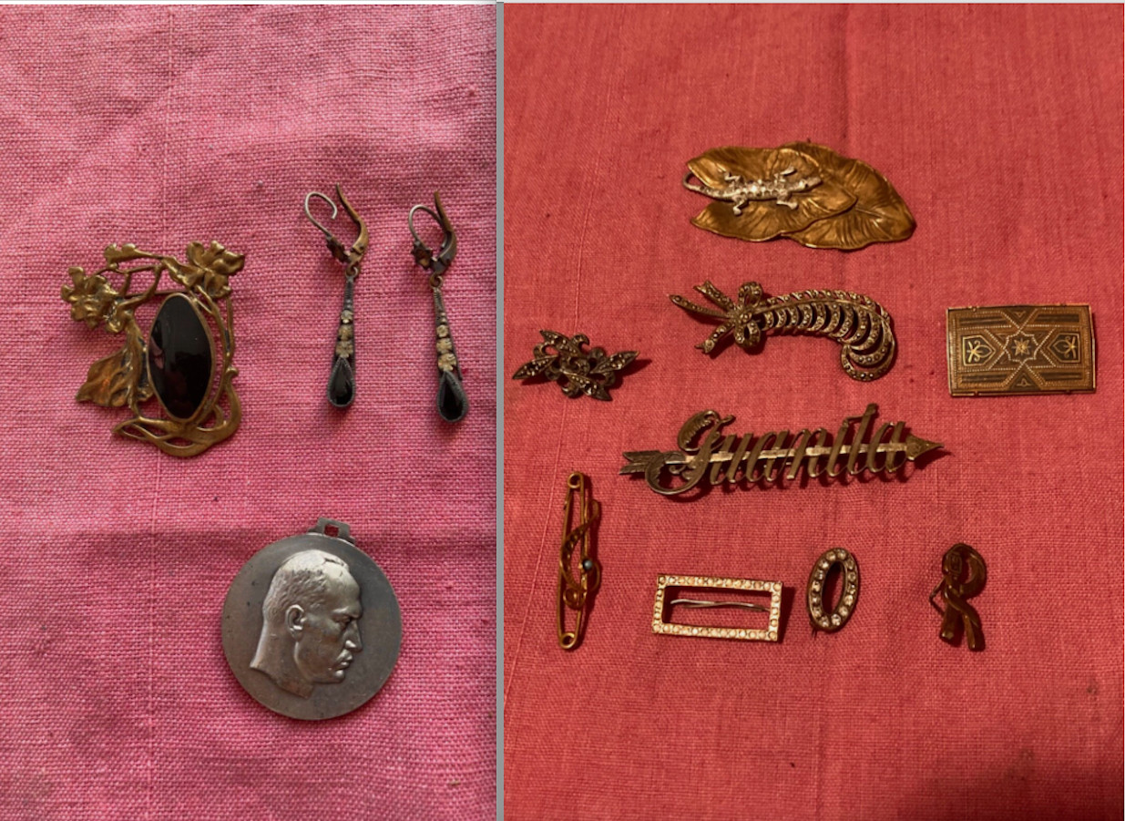 RARE LOT FASCIST ERA: brooch and earrings with semiprecious stones and Mussolini