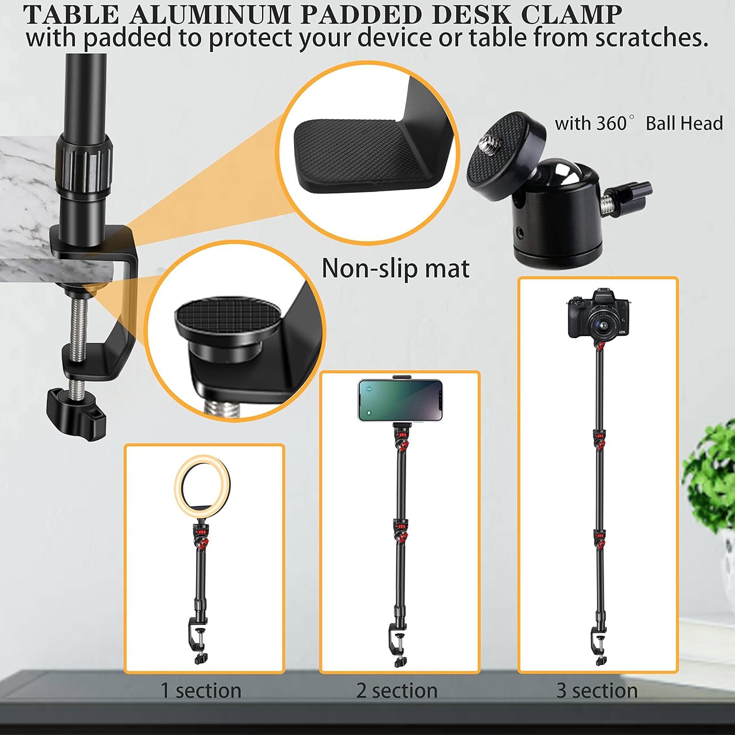 Overhead Camera Mount Desk Stand, 3-Section Flexible Detachable Articulating Arm