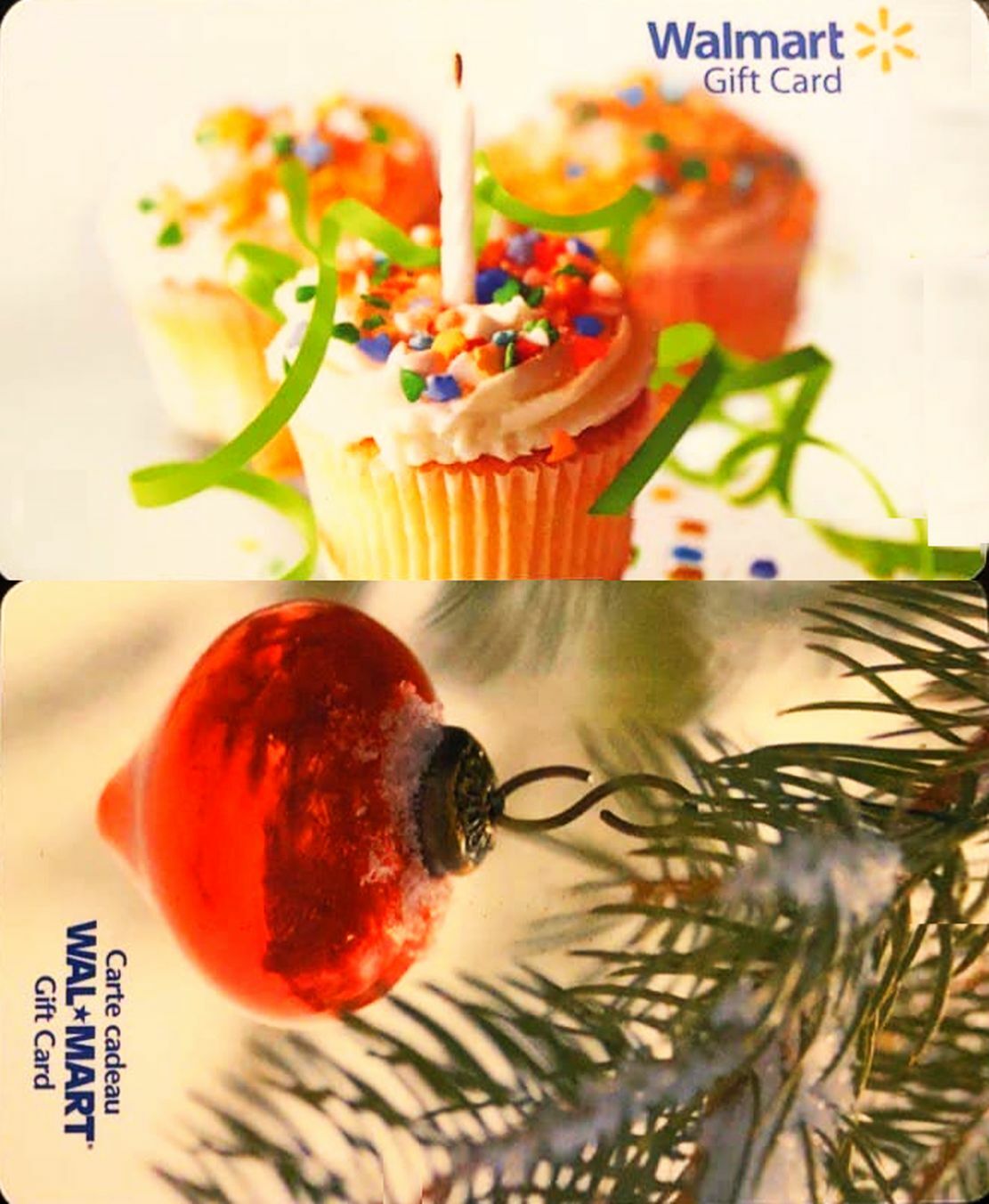2x WALMART USA CHRISTMAS RED ORNAMENT BIRTHDAY CUPCAKE COLLECTIBLE GIFT CARD LOT