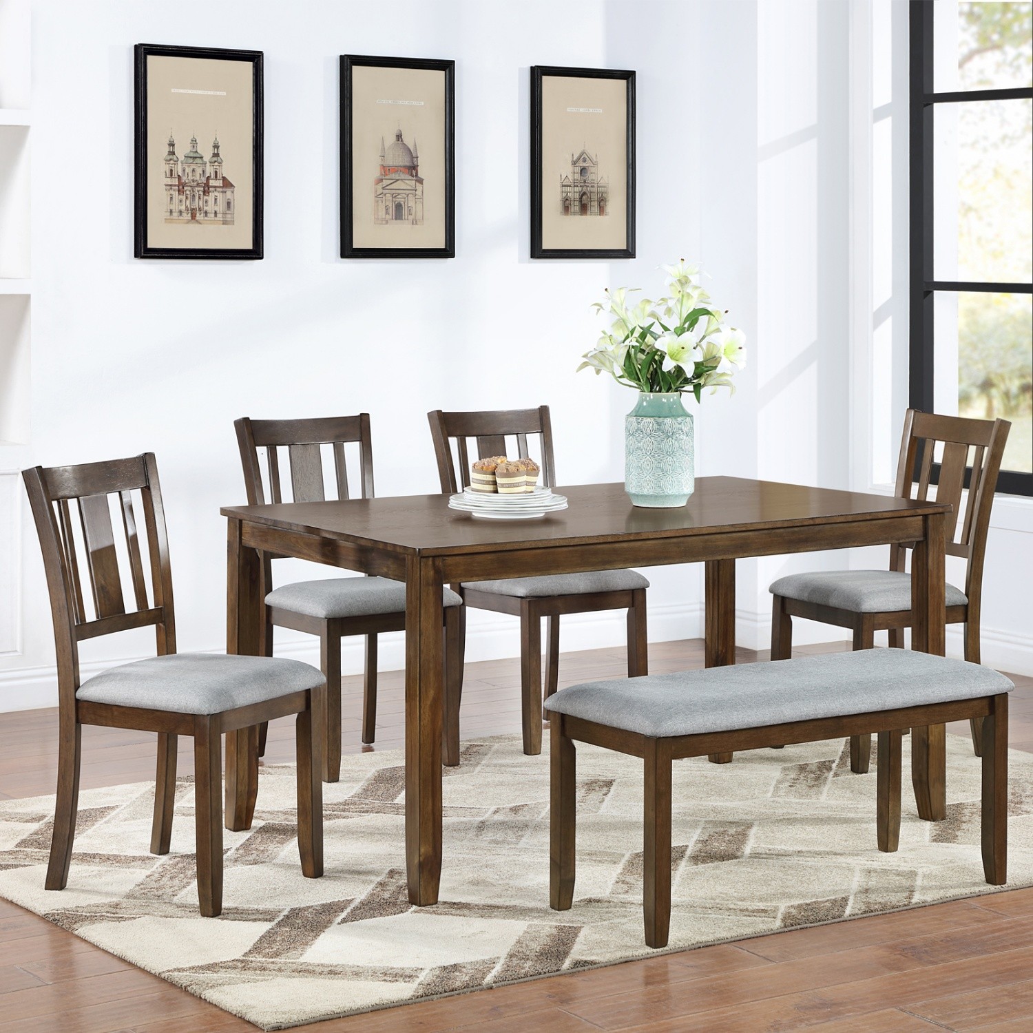 6 Piece Kitchen Dining Set Kitchen Table Wood Dining Table with 4 Chairs & Bench
