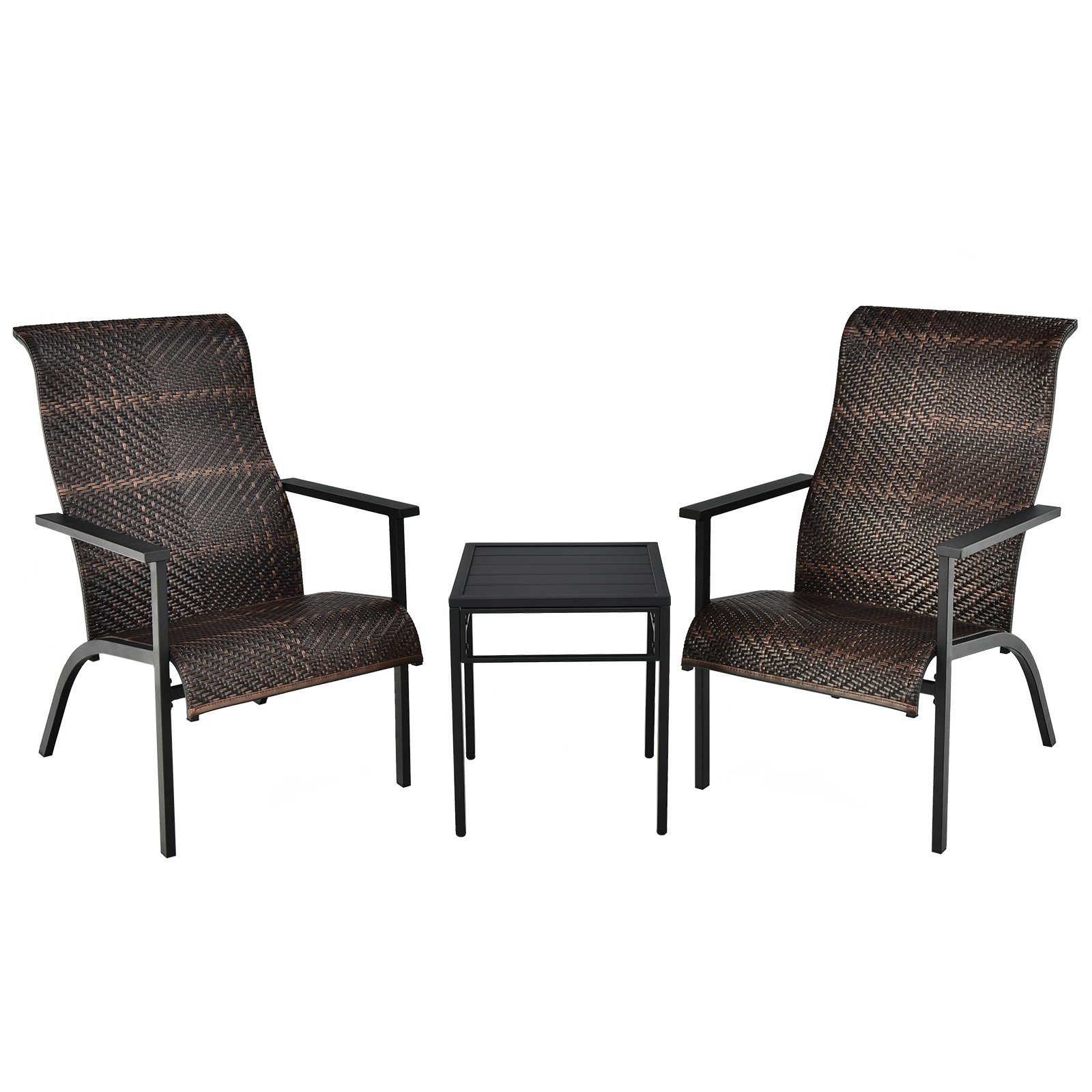 Patiojoy 3 PCS Patio Rattan Bistro Set High Backrest Armrest SideTable Mix Brown