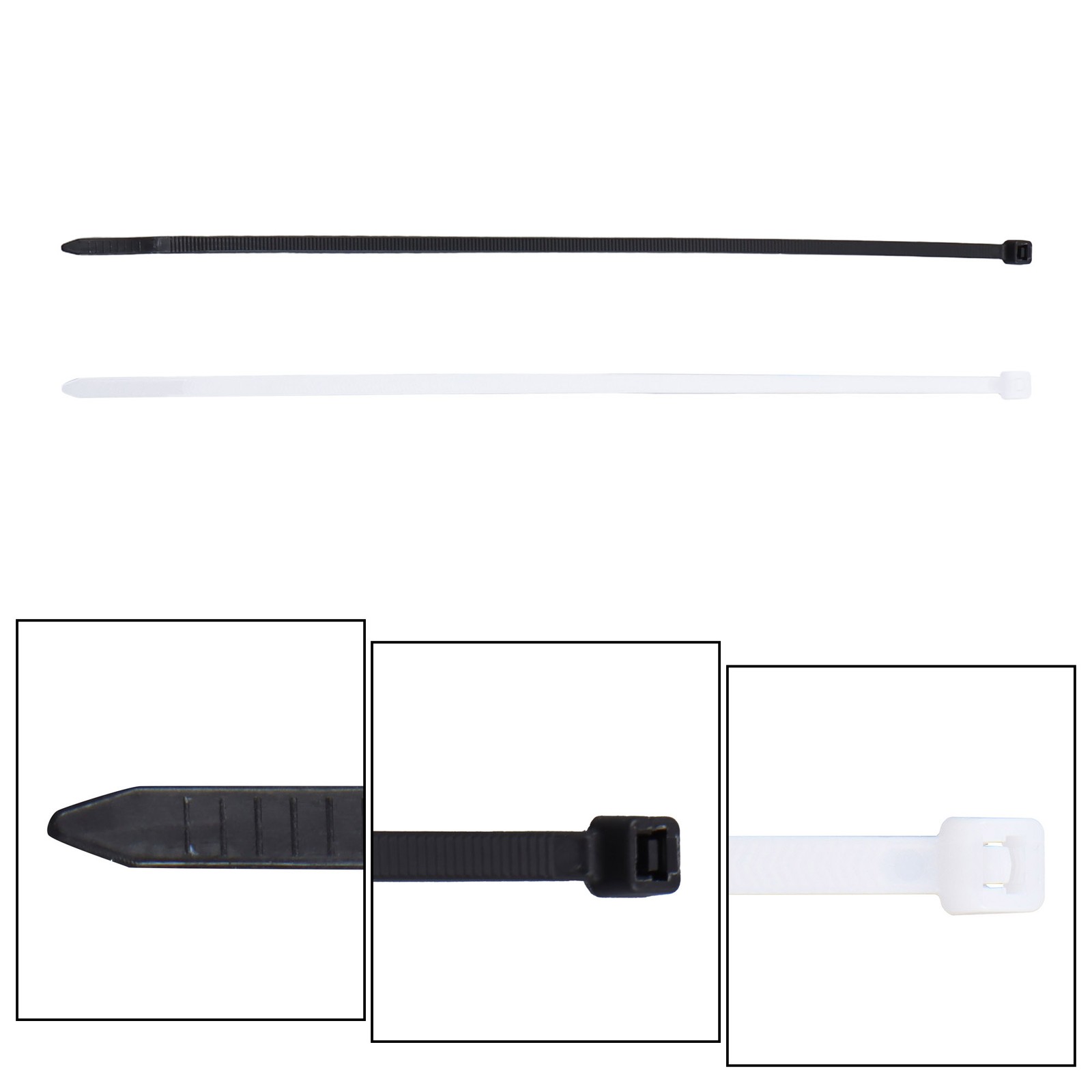 Nylon Self-locking Cable Ties 12" 50 lbs — 1000-Pack Black, 100-Pack White