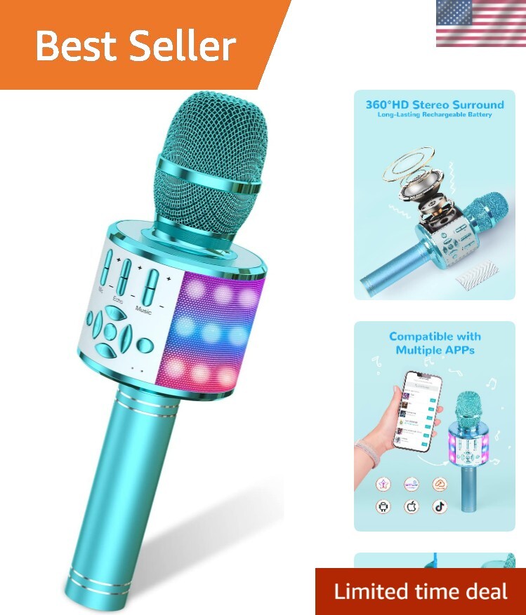 Bluetooth Kids Karaoke Microphone with LED Lights - Fun Gift for Ages 3-12